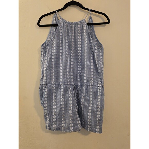Madewell Womens Size XS Blue Seaglow Chambray Floral Drawstring Tie Neck Romper - Picture 1 of 9